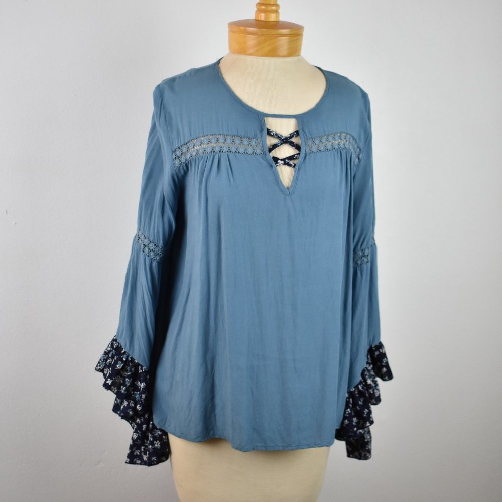 LLove  Blue Laceup Boho Peplum Top
